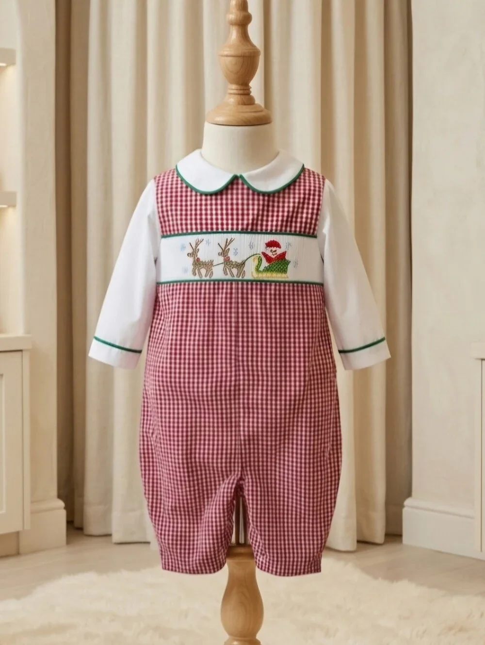 Petit Ami Smocked Santa Sleigh Gingham Jon Jon NWT Size 6M